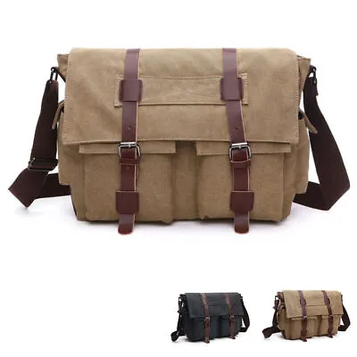 Men Vintage Thick Canvas Shoulder Classic Satchel Handbag Laptop Messenger Bag • £24.37