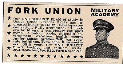 1965 FORK UNION Military Academy Virginia Institute School Vintage Print Ad 1 • $8.95