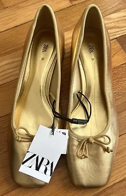 Zara Metallic Gold Leather Ballerina High Heels Shoes New With Tags Size 38 $69 • $35