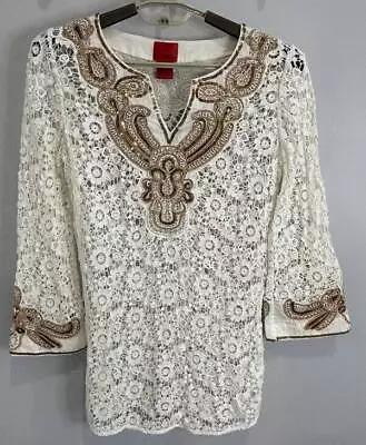 V Cristina Lace Tunic Cover Up Shirt White Gold Trim Sequin Beads M • $12.50