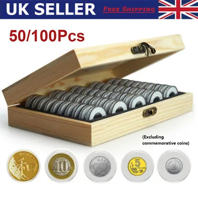 50/100Pcs Set Clear Coin Capsules Collectible Wooden Display Storage Box Coins  • £14.88