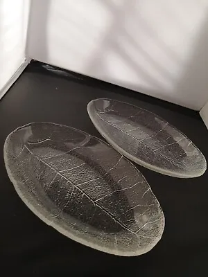 Pair Of Leaf Plates/Dishes/ Shallow Bowls. Glass Cabbage Leaf Looking Dish Oval • £8