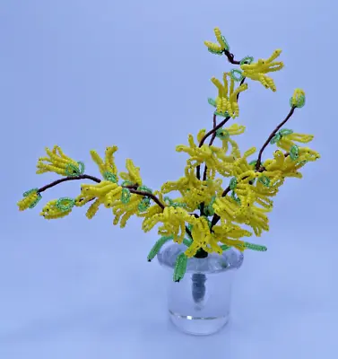 Vintage Glass Seed Beaded Flowers Yellow Forsythia Glass Base 6  • $49