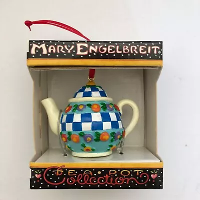Vtg Mary Engelbreit Tea Pot Collection Ornament New Box Blue Checkered Flowers • $14.85