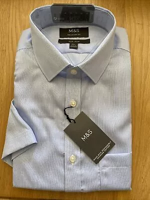 MARKS & SPENCER MENS REGULAR FIT BLUE PIN STRIPE SHORT SLEEVE SHIRT Collar 15.5” • £18.99