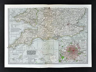1902 Century Map - South England Wales London Plan Stonehenge Cornwall Bristol • $9.99