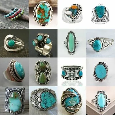 $4.13 • Buy Vintage 925 Silver Turquoise Rings For Women Wedding Jewelry Ring Gift Size 6-11