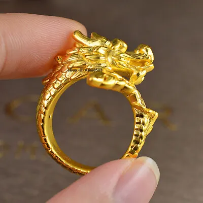 Real 24K Yellow Gold Men's Ring 3D Hard Gold Dragon Shape Ring Size 8.5 • $792