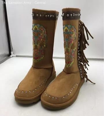 Montana West Womens Brown Suede Fringe Rhinestone Mid-Calf Winter Boots Size 8 • $10.50