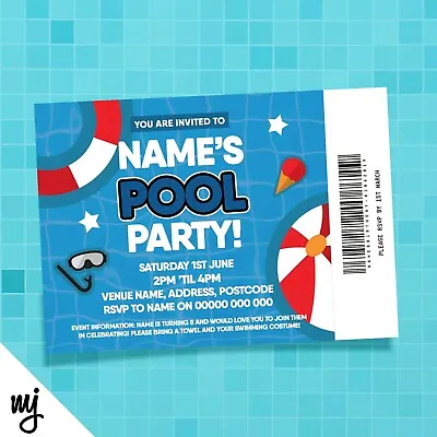 Personalised Pool Party Ticket Style Invitations For Boys/girls | Any Info! • £9.49