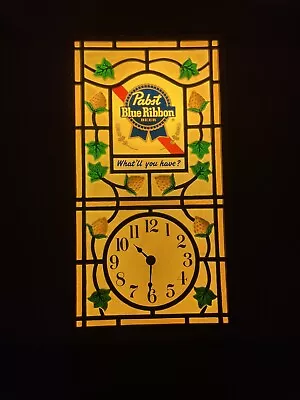 Pabst Blue Ribbon PBR Beer Lighted Clock StainGlass Look Hops Design WORKING 19” • $165