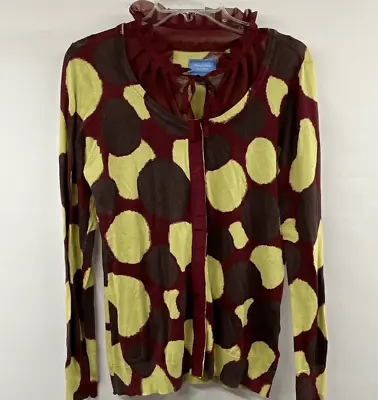 Vera Wang Knit Lightweight Brown/Yellow Cardigan Sweater Ruffle Collar - Size L • $14.40