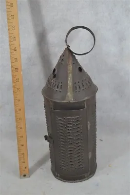 Antique Lantern Lamp Pierced Tin Candle Sit Hang Early 1750-1850 Original 19th • $295
