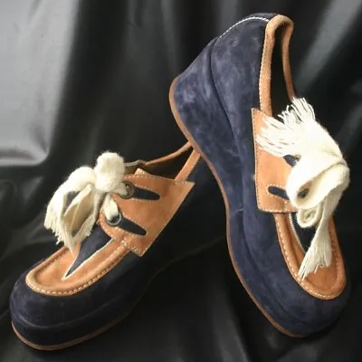 Vintage 70s Blue/Tan Suede Platform Wedge Shoes Men's 10 D Italy • $524.99