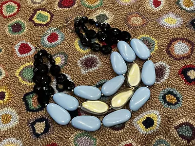 Vintage Haute Couture Chunky Lucite Blue Black Gold Threestrand Bib Necklace Euc • $23.99