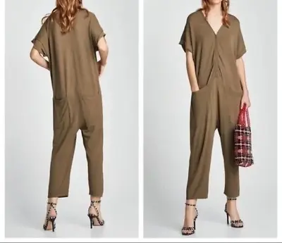 Zara Jumpsuit Women's Medium Brown Striped V-Neck Short Sleeve Pockets • $27.20