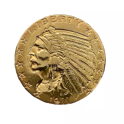1911  $5 Indian Head Half Eagle Pre 1933 Gold Coin AU/UNC -Removed From Jewelry • $849.95