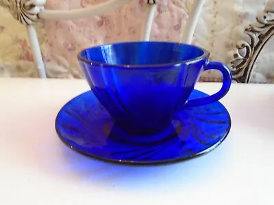 Cobalt Blue Cup And Saucer Set Rivage Swirl Glass Vereco France  • $6.75