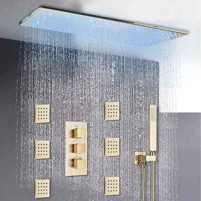 Brushed Gold 16x32  Rain Shower Faucet Set Kit Thermostatic Massage System Combo • $249