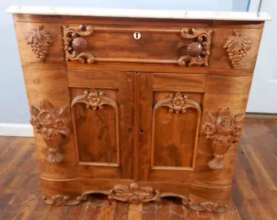 Highly Carved French Walnut Marble Top Washstand Victorian Nightstand  Burl Door • $685