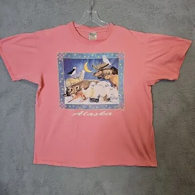 Vintage 90's Alaska Animals T-Shirt Bear Moose Size Xl Pink Jan Griggs Art AS-IS • $12.95