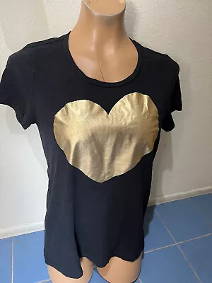 J Crew Black W/ Gold Heart Design Cotton Tshirt - Women's Sz S • $11.95