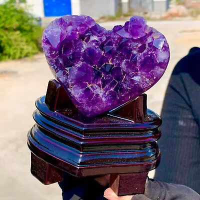 415G Natural Heart-shaped Amethyst Geode Quartz Cluster Crystal Sample+Stand • $259