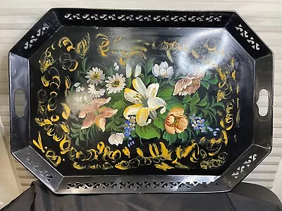 Vintage Metal Tray Hand Painted Floral On Black Large 26  X 19  • $10