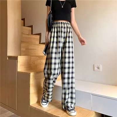 Stylish Checkered Wide Leg Trousers Female Korean Style Light Yellow Grid • £11.18