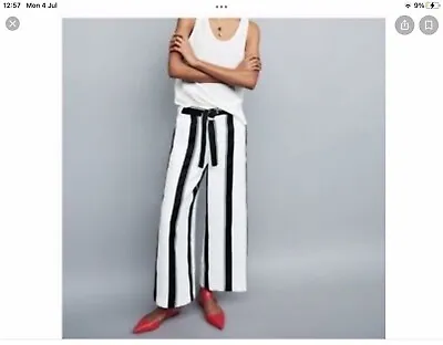 £45 • Buy Maje Polson Linen Blend Striped Trousers Sz 40 UK 12 Crop Belted