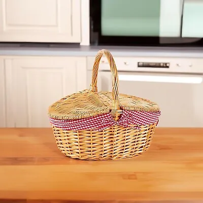 BH Natural Wicker Basket Lined Foldable Lid With Handle Picnic Camping Outdoors • £19.99