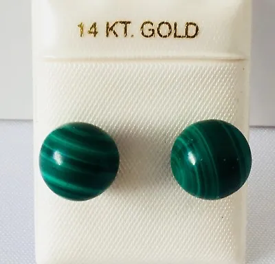Solid 14K Gold Natural Malachite 10 Mm Round Ball Stud Earrings NEW • $32.95