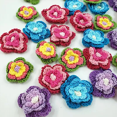 Set Of 4 Bright Colourful Crochet Flowers 1.25  Wide Bag Embellishments Cotton • £4