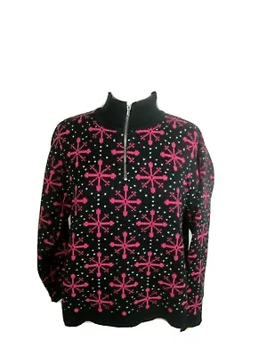 Vintage Norton Studio Sweater Women's M Fair Isle 1/2 Zip Black + Pink Snowflake • $8.19