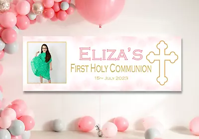 Personalised First Holy Communion Banner Decorations Pink Blue Boys Girls Photo • £7