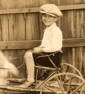 C.1910 Very Happy Boy On Goat Drawn Cart Cap Hat Smile Child Sepia Photo F7 • $12.95