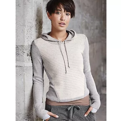 Athleta Heather Grey Striped Merino Wool Noe Hooded Sweater Size Medium • $34.99