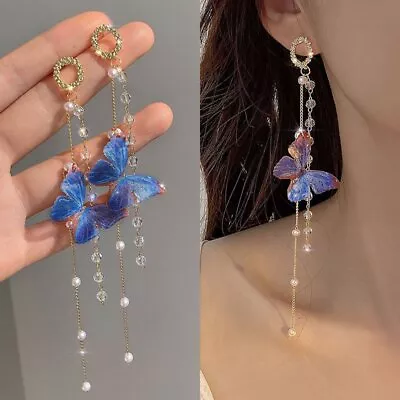 Luxury Women Zircon Crystal Long Tassel Butterfly Earrings Stud Dangle Jewelry • £2.57