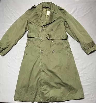 Vintage Army Green Trench Mans Overcoat Wool Removable Liner Belted Small Long • $29.99