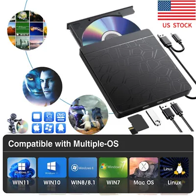 Laptop Desktop PC Windows 11/10 Linux Mac OS External CD/DVD Drive Burner Player • $18.99