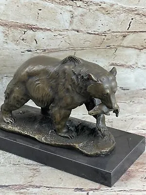 Bronze Sculpture Statue Bear Head Bust With Fish Marble Handcrafted Figurine Art • $174.65