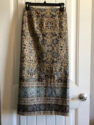 Vintage Charter Club Women's Petite 4P Lined Floral Blue & Tan Linen Wrap Skirt • $11.99