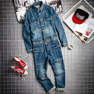 Retro Mens Denim Jumpsuits Overalls Jeans Dungaree One Piece Pants Slim Playsuit • $74.39