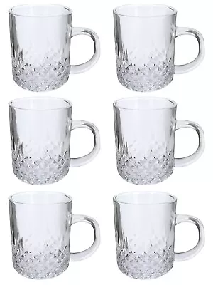 Set Of 6 Coffee Mugs Clear Glass Diamond Pattern Cups For Latte Cappuccino 240ml • £15.99