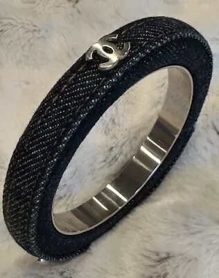 Authentic CHANEL CC Bangle Bracelet Dark Denim & Silver With Original Box & Tags • $500