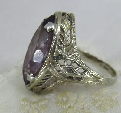 Antique Filigree Amethyst Ring 14K White Gold Vintage Marquise 6ct Size 5 • $395