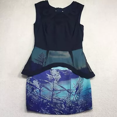 Finders Keepers Blue Peplum Sleeveless Round Neck Cut Out Back Dress Size Medium • $24