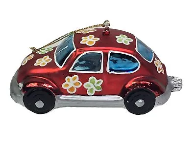VW Volkswagen Bug Beetle Christmas Ornament Red All Over Flowers Hand Blown Glas • $12.95