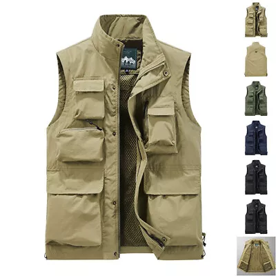 Men Waistcoat Multi Pockets Sleeveless Cargo Jacket Vest Gilet Fishing Zip Tops • $24.99