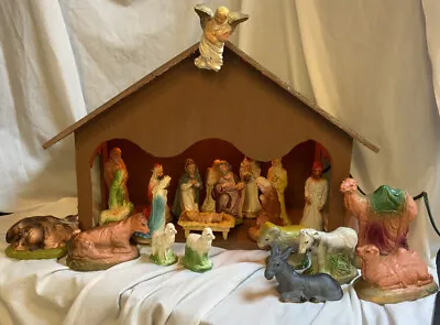 Vintage 22pc Chalkware Nativity Figures & Animals Made In Japan Stable W/ Light • $64.95